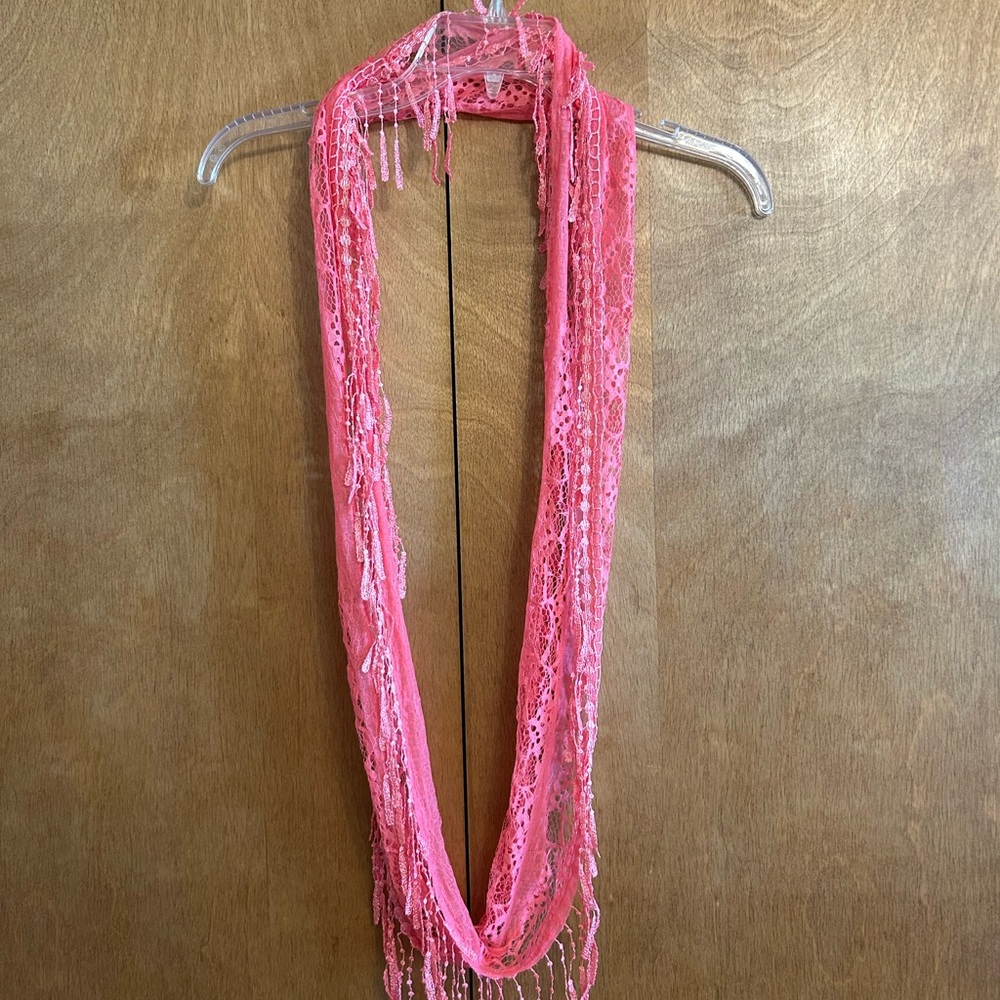 NWOT Vibrant Pink Lace Scarf with Fringe